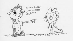 Size: 1240x698 | Tagged: safe, artist:dilarus, deleted from derpibooru, imported from derpibooru, spike, twilight sparkle, anthro, dragon, comic:the many faces of twilight sparkle, abuse, cunt, dialogue, female, horn, male, monochrome, species swap, spikeabuse, sweat, traditional art, vulgar, wat