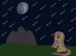 Size: 3288x2424 | Tagged: safe, artist:sb1991, imported from derpibooru, fluttershy, pegasus, pony, challenge, equestria amino, female, moon, mountain, night, shooting star, stargazing, stars