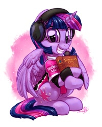 Size: 1600x2000 | Tagged: safe, artist:whitediamonds, imported from derpibooru, twilight sparkle, twilight sparkle (alicorn), alicorn, pony, book, clothes, cute, female, headphones, headset, jersey, league of legends, looking at you, mare, shirt, signature, sitting, sketch, smiling, solo, twiabetes, unicorns of love, wristband