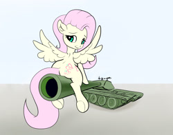 Size: 2738x2152 | Tagged: safe, artist:xbi, imported from derpibooru, fluttershy, pegasus, pony, female, looking at you, solo, spread wings, tank (vehicle), underhoof, wings