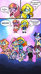 Size: 720x1280 | Tagged: safe, artist:carouselunique, artist:honeycrisp-tales, imported from derpibooru, oc, oc:blueberry pie, oc:darling, oc:heartthrob, oc:honeycrisp apple, oc:honeycrisp blossom, oc:kammelita sunrise, oc:lightning bug, oc:marquise, oc:shine brine, oc:sparkling dawn, oc:vespera, comic:little blossom lost, series:sciset diary, equestria girls, clothes, comic, female, offspring, parent:big macintosh, parent:prince blueblood, parent:princess cadance, parent:sunset shimmer, parents:cadmac, parents:sunblood