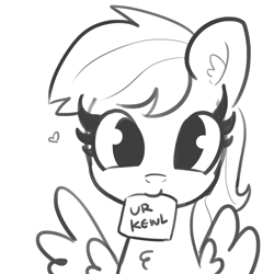 Size: 1280x1280 | Tagged: safe, artist:tjpones, imported from derpibooru, rainbow dash, pegasus, pony, bust, chest fluff, cute, dashabetes, ear fluff, female, grayscale, heart, looking at you, mare, monochrome, mouth hold, positive ponies, simple background, solo, spread wings, white background, wings