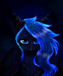 Size: 1280x1549 | Tagged: safe, artist:arcticwhistle, imported from derpibooru, princess luna, pony, blue eyes, female, looking at you, missing horn, solo, wings