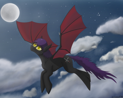 Size: 3000x2400 | Tagged: safe, artist:crimsonwolf360, imported from derpibooru, oc, oc only, oc:serenity, bat pony, pony, bat pony oc, chest fluff, female, flying, full moon, moon, night, solo, stars