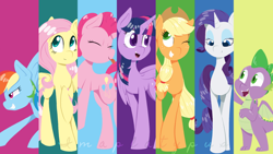 Size: 1280x720 | Tagged: safe, artist:imaplatypus, imported from derpibooru, applejack, fluttershy, pinkie pie, rainbow dash, rarity, spike, twilight sparkle, alicorn, dragon, molt down, female, mane seven, mane six, twilight sparkle (alicorn), winged spike, wings