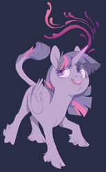 Size: 741x1200 | Tagged: safe, artist:amphoera, imported from derpibooru, twilight sparkle, alicorn, classical unicorn, pony, unicorn, beanbrows, cloven hooves, eyebrows, female, glowing horn, gray background, leonine tail, magic, simple background, smiling, solo, twilight sparkle (alicorn), unshorn fetlocks