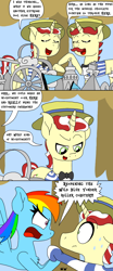 Size: 1000x2400 | Tagged: safe, artist:bjdazzle, imported from derpibooru, flam, flim, rainbow dash, pegasus, pony, unicorn, friendship university, grannies gone wild, angry, clothes, comic, confrontation, female, flag, flim flam brothers, las pegasus, male, mare, model, planning, pointing, resort, season 8 homework assignment, shirt, shirt pull, stallion, sweat, talking, wild blue yonder