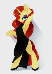 Size: 2121x3000 | Tagged: safe, artist:arctic-fox, imported from derpibooru, oc, oc only, oc:vibrata songbird, pony, semi-anthro, unicorn, armpits, bedroom eyes, bipedal, black dress, clothes, dress, eyeshadow, female, hair over one eye, high heels, makeup, mare, partial hem, shoes, side slit, simple background, solo, total sideslit, white background