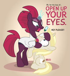 Size: 875x950 | Tagged: safe, artist:dm29, imported from derpibooru, fizzlepop berrytwist, tempest shadow, oc, oc:colin nary, pony, unicorn, bloodshot eyes, broken horn, duo, eye drops, eye scar, female, looking up, male, mare, open up your *very* eyes, open up your eyes, optometrist, pain, pink background, pun, scar, simple background, stallion