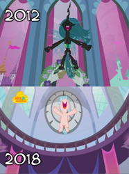 Size: 514x690 | Tagged: safe, imported from derpibooru, screencap, cozy glow, queen chrysalis, changeling, changeling queen, pegasus, pony, a canterlot wedding, school raze, comparison, female, filly