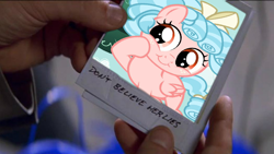 Size: 1050x591 | Tagged: safe, imported from derpibooru, screencap, cozy glow, pegasus, pony, don't believe her lies, exploitable meme, female, filly, irl, meme, memento, photo, polaroid, pure concentrated unfiltered evil of the utmost potency