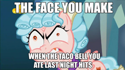 Size: 1024x576 | Tagged: safe, edit, edited screencap, imported from derpibooru, screencap, cozy glow, pegasus, pony, school raze, cozy glow is best facemaker, cozybetes, cute, faic, female, filly, image macro, joke, meme, solo, taco bell, that face