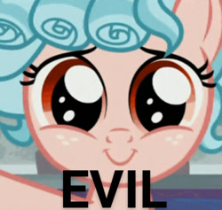 Size: 713x677 | Tagged: safe, edit, edited screencap, imported from derpibooru, screencap, cozy glow, pegasus, pony, school raze, adorable face, cozy glow is best facemaker, cozybetes, cute, evil, female, filly, foal, text