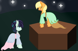 Size: 1780x1170 | Tagged: safe, artist:amellia-rose, imported from derpibooru, applejack, coloratura, earth pony, pony, clothes, crying, dress, female, lesbian, rarajack, shipping