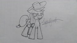 Size: 4208x2368 | Tagged: safe, artist:twinblade edge, imported from derpibooru, applejack, pony, applejack's hat, cowboy hat, female, grin, hat, monochrome, name, smiling, solo, traditional art