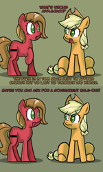 Size: 600x1000 | Tagged: safe, artist:wolfy987, imported from derpibooru, applejack, oc, oc:pun, earth pony, pony, ask pun, ask, comic, cowboy hat, duo, female, green background, hat, mare, pun, simple background, sitting