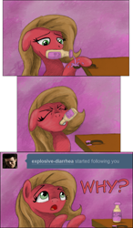 Size: 1050x1800 | Tagged: safe, artist:hewison, imported from derpibooru, oc, oc only, oc:pun, earth pony, pony, ask pun, ask, female, hoof hold, mare, max payne, mouth hold, pepto bismol, pepto-bismol, solo, tumblr