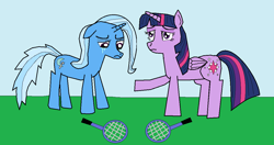 Size: 1152x609 | Tagged: safe, artist:red-brick-2, imported from derpibooru, trixie, twilight sparkle, alicorn, pony, unicorn, 1000 hours in ms paint, comforting, crying, female, shipping, sports, story in the source, tennis, tennis racket, twilight sparkle (alicorn), twixie