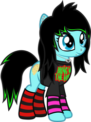 Size: 733x983 | Tagged: safe, artist:lightningbolt, derpibooru exclusive, imported from derpibooru, oc, oc only, oc:scene chick, earth pony, pony, .svg available, arm warmers, bring me the horizon, clandestine industries, clothes, dyed mane, dyed tail, ear piercing, earring, eyeliner, female, jewelry, makeup, mare, necklace, nose piercing, piercing, scene, scene kid, shirt, show accurate, simple background, smiling, snake bites, socks, standing, striped socks, svg, t-shirt, transparent background, vector