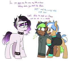 Size: 802x692 | Tagged: safe, artist:redxbacon, imported from derpibooru, oc, oc only, oc:atom bit, oc:black dahlia, oc:pixel bite, earth pony, pony, blank flank, bushy brows, clothes, collar, dialogue, eyeshadow, female, hoodie, lidded eyes, makeup, mare, nervous, simple background, smiling, smitten, sweater, white background