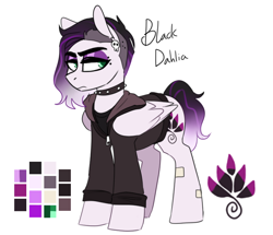 Size: 744x641 | Tagged: safe, artist:redxbacon, imported from derpibooru, oc, oc only, oc:black dahlia, pegasus, pony, bushy brows, clothes, collar, ear piercing, earring, female, jacket, jewelry, makeup, mare, pegasus oc, piercing, reference sheet, sidecut, solo