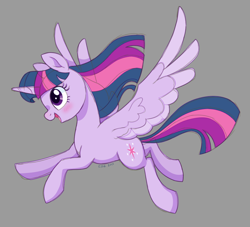 Size: 1100x1000 | Tagged: safe, artist:guzzlord, imported from derpibooru, twilight sparkle, alicorn, pony, female, flying, gray background, mare, open mouth, simple background, solo, spread wings, twilight sparkle (alicorn), wings