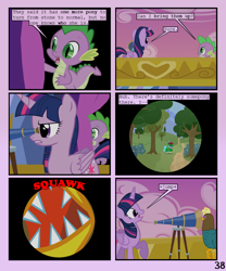 Size: 900x1080 | Tagged: safe, artist:lister-of-smeg, imported from derpibooru, spike, twilight sparkle, oc, oc:scavenger (lister-of-smeg), oc:winter squash, alicorn, cockatrice, pony, comic:crystal heart attack, comic, telescope, tree, twilight sparkle (alicorn)