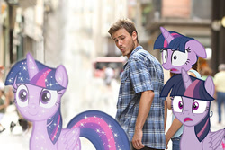 Size: 512x341 | Tagged: safe, artist:plotcore, imported from derpibooru, mean twilight sparkle, tree of harmony, twilight sparkle, alicorn, human, pony, the mean 6, what lies beneath, clone, distracted boyfriend meme, female, meme, multeity, sparkle sparkle sparkle, treelight sparkle, triality, trio, twilight sparkle (alicorn)