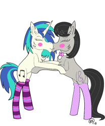 Size: 500x600 | Tagged: safe, artist:derpyhooves567, artist:icey-wicey-1517, artist:icicle-wicicle-1517, artist:rose-blade, color edit, edit, imported from derpibooru, dj pon-3, octavia melody, vinyl scratch, earth pony, pony, unicorn, blushing, bowtie, chest fluff, clothes, collaboration, colored, cute, duo, eyes closed, female, hug, kiss on the lips, kissing, lesbian, mare, scratchtavia, shipping, simple background, socks, stockings, striped socks, tavibetes, thigh highs, transparent background, vinylbetes