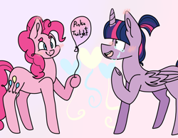 Size: 2700x2100 | Tagged: safe, artist:arrow-bow, imported from derpibooru, pinkie pie, twilight sparkle, alicorn, earth pony, pony, balloon, blushing, crying, female, hoof hold, lesbian, mare, raised hoof, shipping, smiling, tears of joy, twilight sparkle (alicorn), twinkie