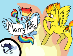 Size: 2700x2100 | Tagged: safe, artist:arrow-bow, imported from derpibooru, rainbow dash, soarin', spitfire, female, friendzone, friendzone soarin', implied shipping, implied soarindash, implied soarinfire, implied straight, jealous, lesbian, marriage proposal, shipping, spitdash