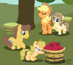 Size: 1668x1496 | Tagged: safe, artist:samaalixx, imported from derpibooru, applejack, caramel, carajack, family, female, male, offspring, parent:applejack, parent:caramel, parents:carajack, shipping, straight