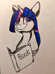 Size: 960x1280 | Tagged: safe, artist:greyscaleart, imported from derpibooru, twilight sparkle, pony, book, bust, female, mare, partial color, simple background, solo, traditional art