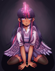 Size: 2975x3850 | Tagged: safe, artist:mylittleyuri, imported from derpibooru, twilight sparkle, alicorn, human, clothes, crying, dark background, digital art, horn, humanized, looking at you, sad, socks, thigh highs, twilight sparkle (alicorn), wings