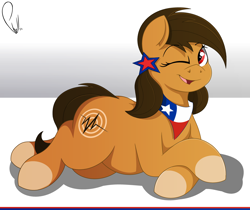 Size: 4552x3816 | Tagged: safe, artist:phyll, imported from derpibooru, oc, oc only, oc:chilenia, earth pony, pony, chile, crossed arms, fanart, female, looking at you, lying down, mare, nation ponies, one eye closed, open mouth, ponified, simple background, smiling, solo, white background, wink