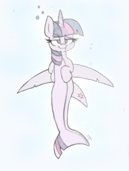 Size: 720x960 | Tagged: safe, artist:heir-of-rick, imported from derpibooru, twilight sparkle, alicorn, original species, sea pony, shark pony, atg 2018, blue background, female, newbie artist training grounds, sharkified, simple background, smiling, solo, species swap, twilight sharkle, twilight sparkle (alicorn)