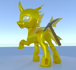 Size: 2000x1844 | Tagged: safe, artist:ghost reviews, imported from derpibooru, changeling, 3d, blender, cute, cuteling, flank, goldling, looking back, pickaxe, plot, poking, raised hoof, solo, tail, worried