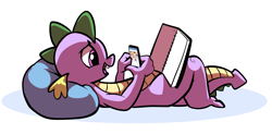 Size: 2006x984 | Tagged: safe, artist:gsphere, imported from derpibooru, spike, dragon, derpibooru, book, cellphone, derpibooruception, male, meta, phone, simple background, smiling, wrong eye color