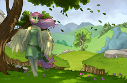 Size: 1024x666 | Tagged: safe, artist:joan-grace, imported from derpibooru, fluttershy, anthro, pegasus, unguligrade anthro, clothes, female, mare, outdoors, scenery, smiling, tree, under the tree