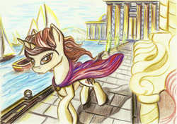 Size: 2336x1644 | Tagged: safe, artist:pedrohander, imported from derpibooru, oc, oc only, oc:gray compass, pony, unicorn, cape, clothes, solo, traditional art