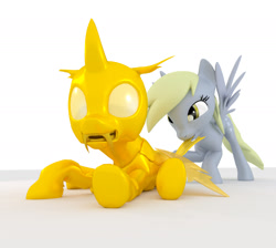 Size: 2000x1788 | Tagged: safe, artist:ghost reviews, imported from derpibooru, derpy hooves, changeling, pegasus, pony, 3d, biting, blender, cute, cuteling, dragging, gold, goldling, panic, tail bite