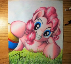 Size: 3514x3161 | Tagged: safe, artist:uliovka, imported from derpibooru, pinkie pie, earth pony, pony, ball, female, grass, solo, traditional art