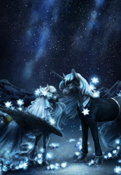 Size: 1800x2608 | Tagged: safe, artist:turnipberry, imported from derpibooru, oc, oc only, oc:mzuri, oc:northern lights, unicorn, zebra, zebrasus, clothes, dress, female, looking at each other, male, mare, marriage, night, oc x oc, shipping, smiling, starry night, stars, wedding, wedding dress