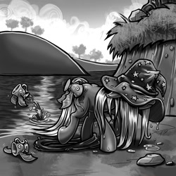 Size: 1000x1000 | Tagged: safe, artist:harwick, imported from derpibooru, trixie, biteacuda, fish, pony, unicorn, atg 2018, clothes, cup, female, floppy ears, grayscale, hat, inner tube, mare, monochrome, newbie artist training grounds, solo, teacup, trixie's hat, water, wet, wet mane