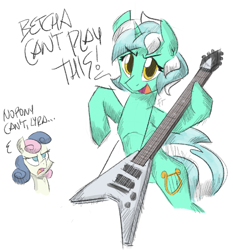 Size: 1459x1565 | Tagged: safe, artist:flutterthrash, imported from derpibooru, bon bon, lyra heartstrings, sweetie drops, earth pony, pony, unicorn, atg 2018, double negative, electric guitar, female, grammar error, guitar, mare, musical instrument, newbie artist training grounds, simple background, smiling