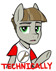 Size: 737x941 | Tagged: source needed, safe, artist:higgly-chan, color edit, edit, imported from derpibooru, mudbriar, earth pony, pony, the maud couple, clothes, colored, lidded eyes, looking at you, male, sheldon cooper, shirt, stallion, t-shirt, technically, the big bang theory