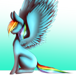 Size: 3000x3000 | Tagged: safe, artist:oceandream0, imported from derpibooru, rainbow dash, pegasus, pony, eyes closed, female, hair over one eye, mare, missing cutie mark, sitting, solo, spread wings, wings