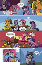 Size: 1024x1583 | Tagged: safe, artist:leavingcrow, imported from derpibooru, applejack, maud pie, pinkie pie, rainbow dash, rarity, sweetie belle, twilight sparkle, alicorn, comic:gemmed rarity, comic, impossibly long neck, spit take, table, twilight sparkle (alicorn)