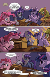 Size: 1024x1583 | Tagged: safe, artist:leavingcrow, imported from derpibooru, applejack, maud pie, pinkie pie, twilight sparkle, alicorn, earth pony, pony, comic:gemmed rarity, chest, comic, maud's cave, peeking, pickaxe, table, twilight sparkle (alicorn)