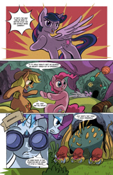 Size: 1024x1583 | Tagged: safe, artist:leavingcrow, imported from derpibooru, applejack, pinkie pie, rarity, twilight sparkle, alicorn, earth pony, pony, unicorn, comic:gemmed rarity, binoculars, comic, maud's cave, monster, twilight sparkle (alicorn)